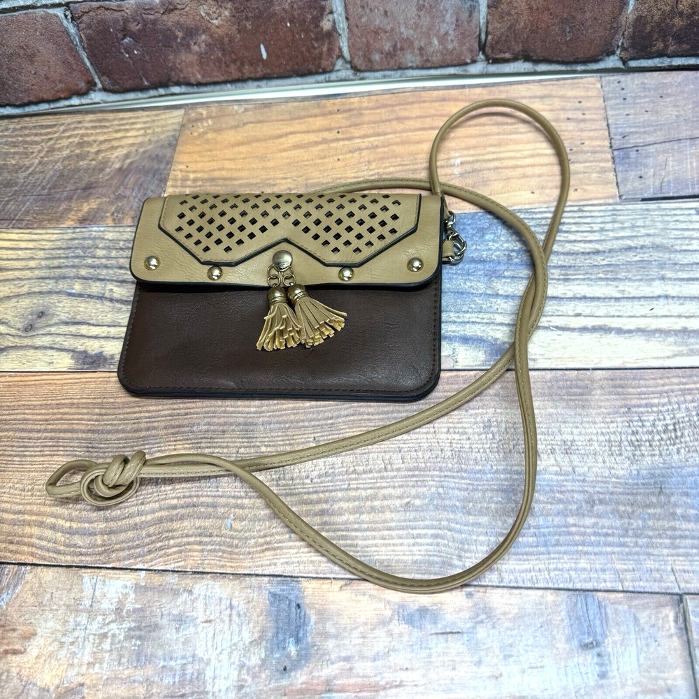 Urban Energy Venue Brown Tan Crossbody Bag Purse Vegan Leather Gold Tassels.‎